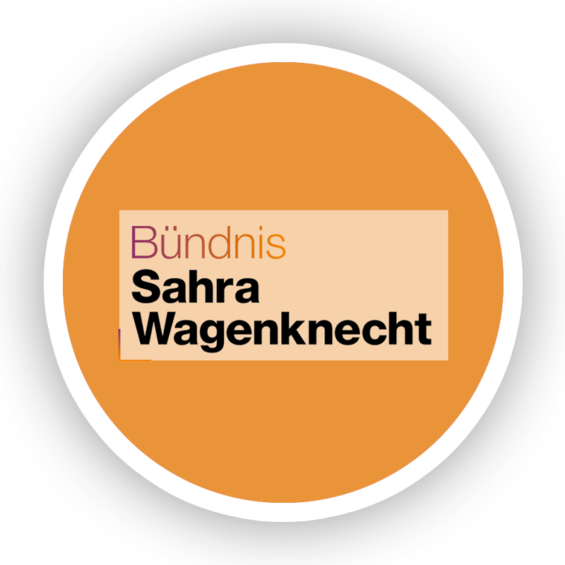 Ein runder Button mit dem Logo des BSW