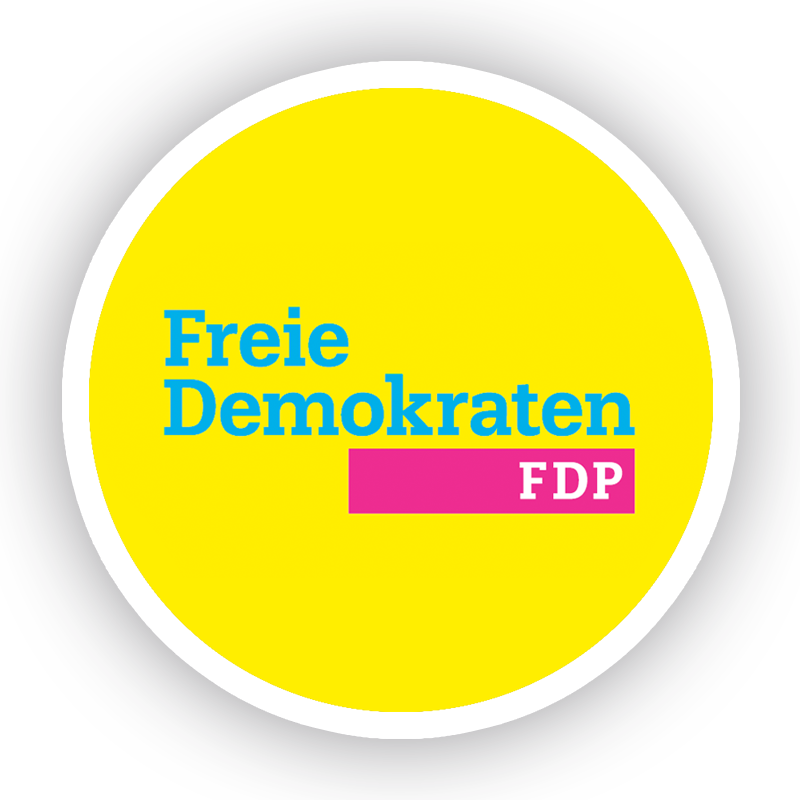 Ein runder Button mit dem Logo der FDP