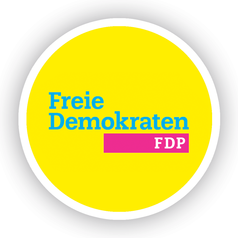Ein runder Button mit dem Logo der FDP